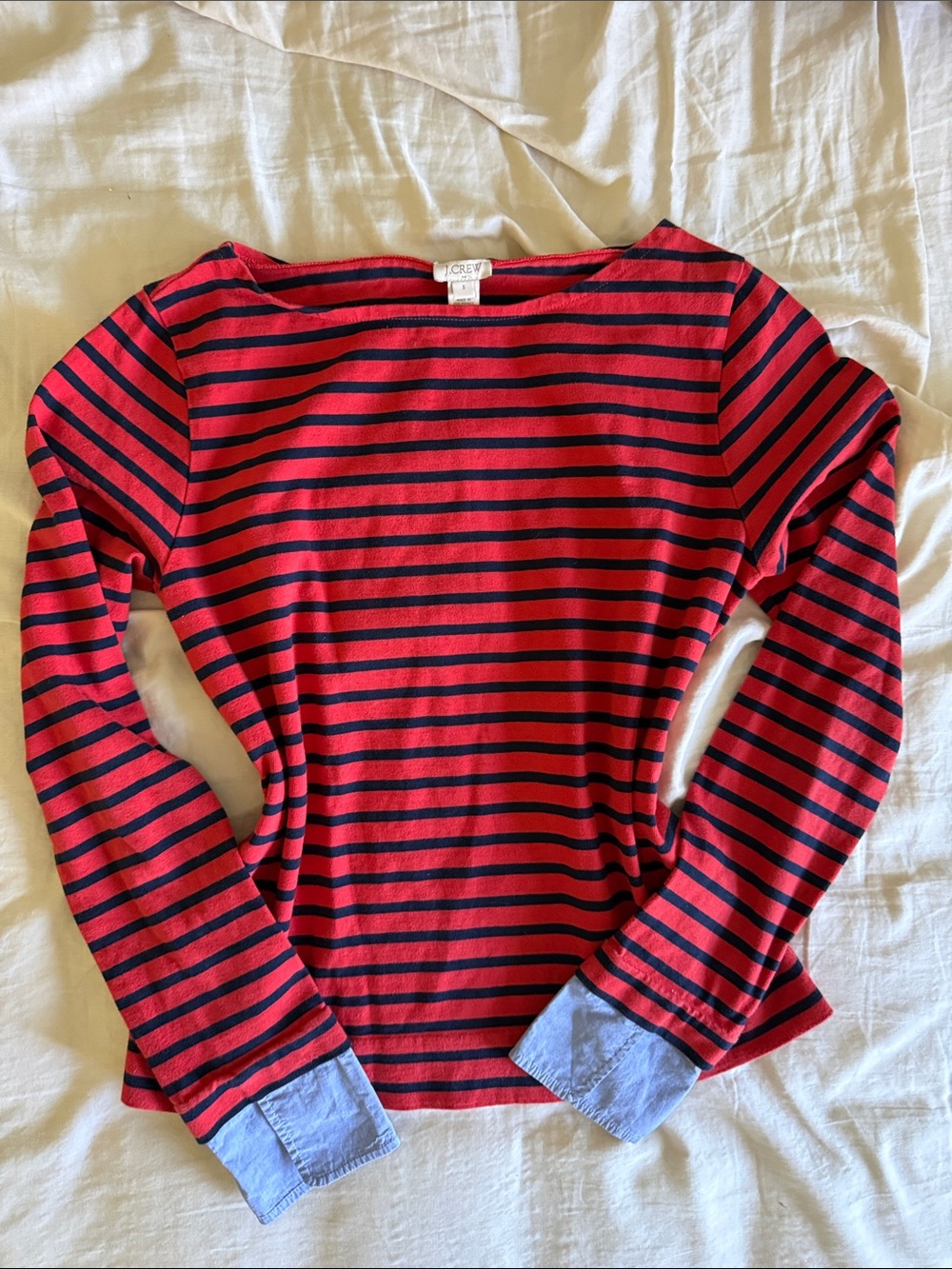 J. Crew Red and Navy Striped Long-Sleeve Top with Chambray Cuffs